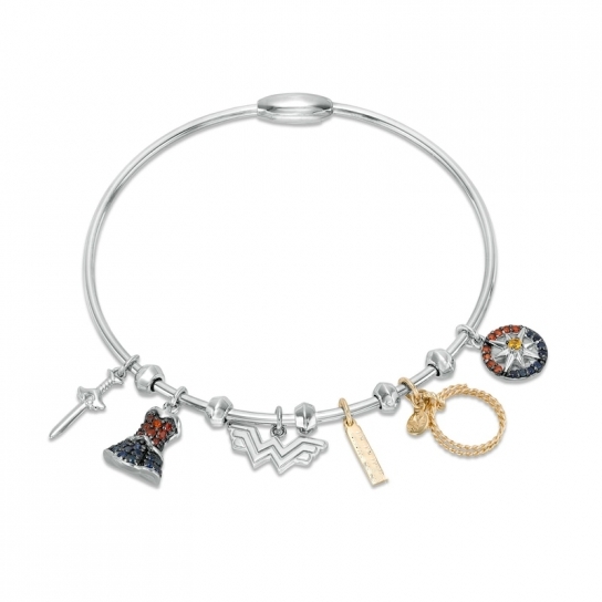 Multi-Gemstone Charm Bangle Bracelet in Sterling Silver and 10K Gold:Multi-Gemstone Charm Bangle Bracelet in Sterling Silver and 10K Gold